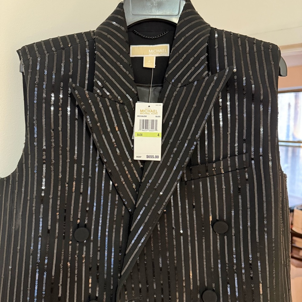 Michael Kors Black Sequin Pinstripe Double-Breasted Sleeveless Blazer Vest - Picture 2 of 8